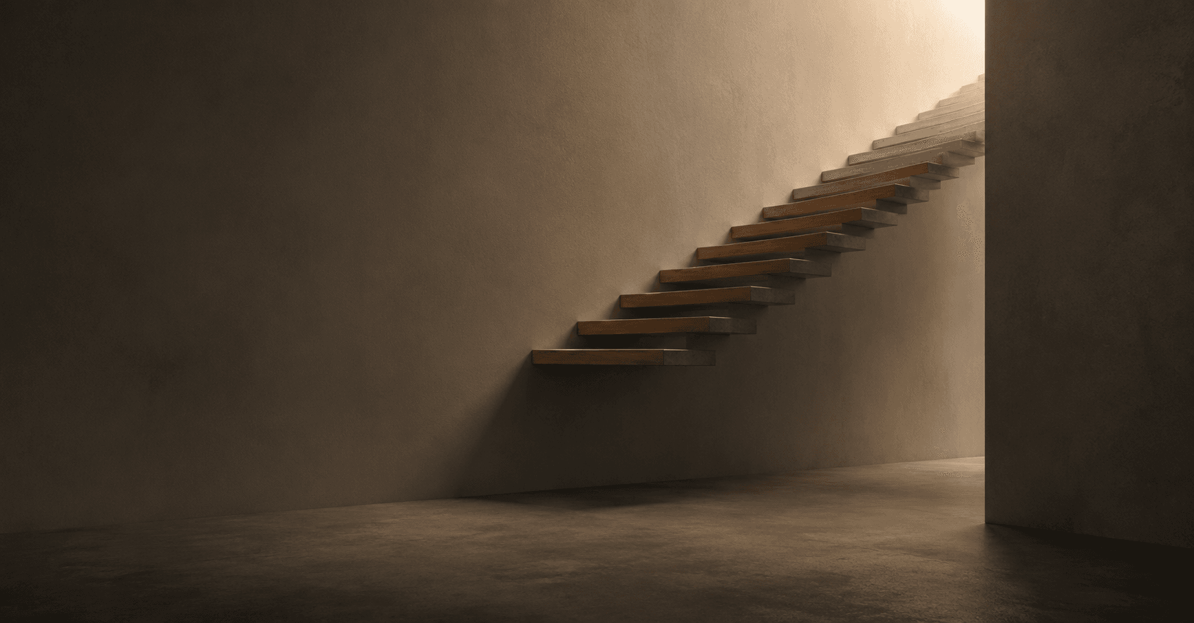 A floating staircase ascending toward the light with its bottom steps missing